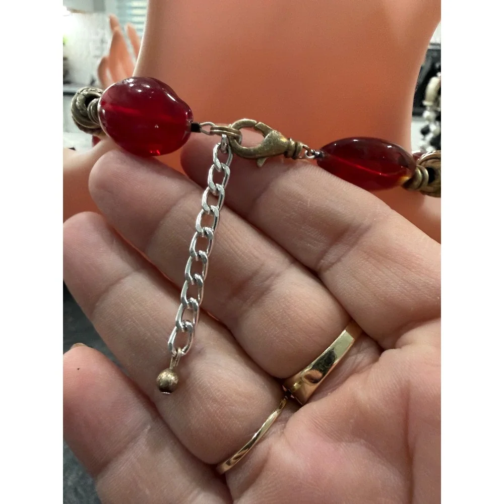 Boho Red Oval Bead Statement Necklace Antiqued Silver Tone Teardrop Charms